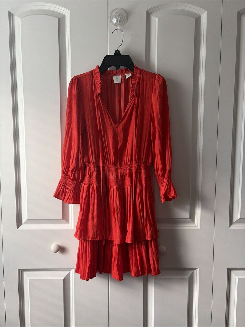 JOIE Bright Orange Keyhole Smocked Tiered Ruffles Mini Dress Size XS